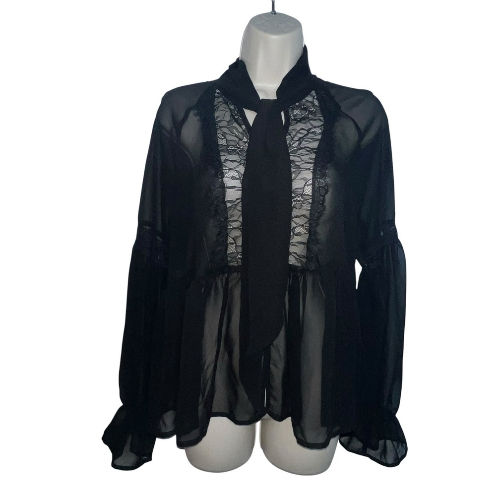 Free People Women Sheer Lace Detail‎ Long Sleeve Tie Neck Blouse Top Black XS